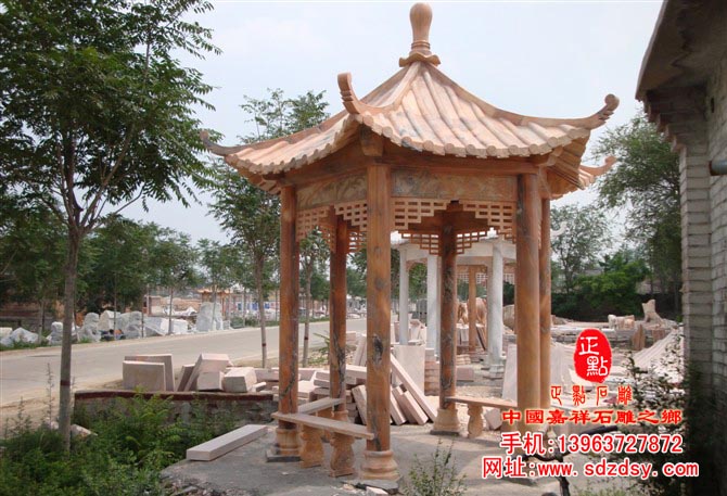 晚霞红石材六角亭